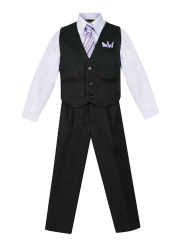 Formal Wedding Boy's PINSTRIPED Vest, Pant Set 5-Piece with Tie, Hanky, Shirt - Picture 6 of 12