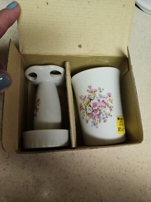 Vintage Kmart Porcelaine Vanity Bathroom Set Soap Dish Cup & Toothbrush ...