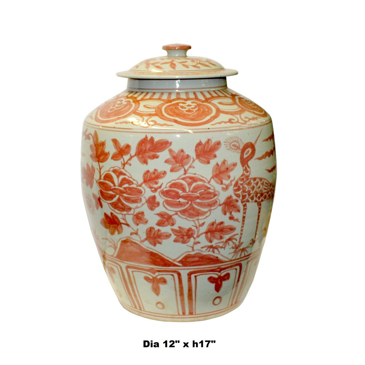 Pink Orange Off White Flowers Birds Graphic Round Ceramic Jar ws1140S Pink Orange Off White Flowers Birds Graphic Round Ceramic Jar ws1140S