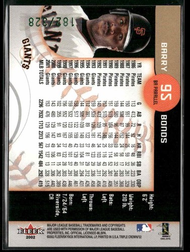 2002 Fleer Triple Crown #95 Barry Bonds Batting Average Parallel #/328 - Picture 2 of 2