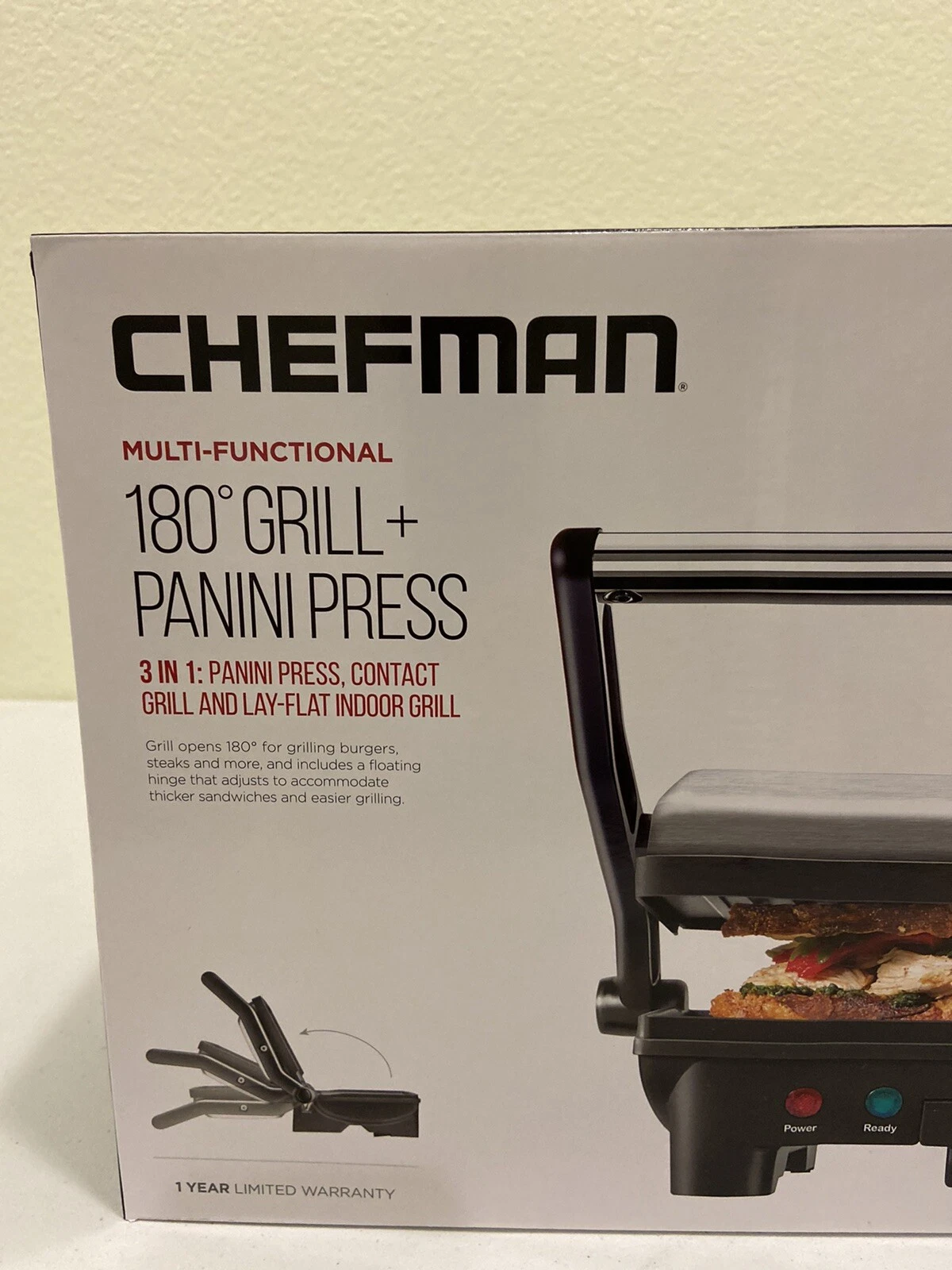 NEW Chefman 180 Degree Grill Panini Press 3 In 1 Non Stick Coated Plates