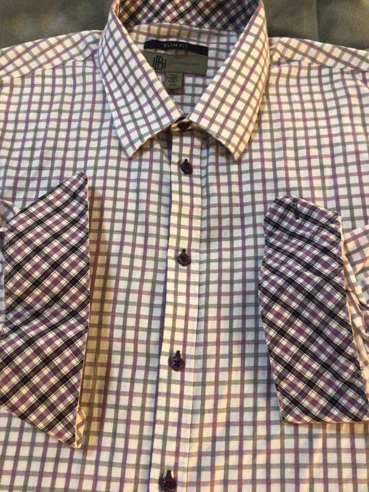 Camisa Jhane Barnes Calce Ajustado Para Hombres Talla 2XL Púrpura Cuadros Botón Frontal Algodón L/S Foto 2 de 4