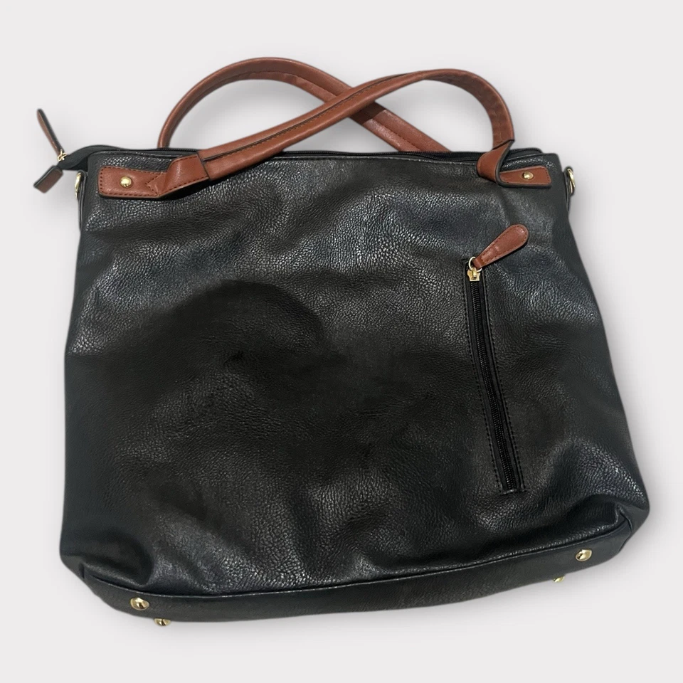 NUEVO SIN ETIQUETAS. Cartera grande de imitación de cuero negra con correas marrones Foto 2 de 4