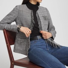 Chico  s NWT Mixed Tweed Fringe Wool Blend Black  White Blazer Jacket NWT Sz 6