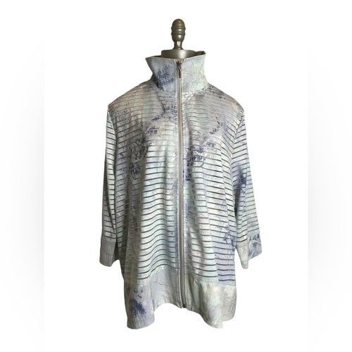 Chico’s Zenergy Neema Long Sleeve Blue Stripe Floral Mesh Jacket Size XL - Picture 11 of 15