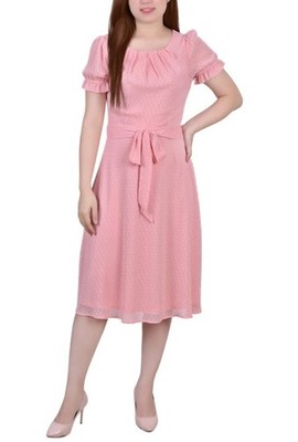 NY Collection Women's Short Sleeve Belted Swiss Dot Dress Petite Size PXL
