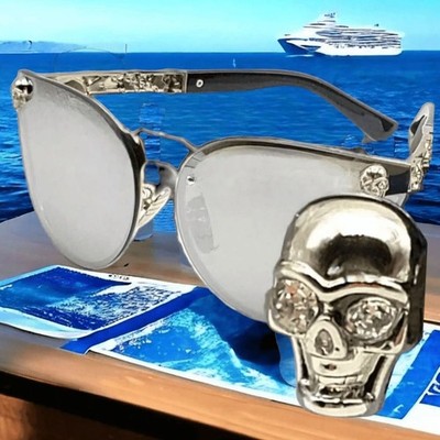 Silver Mirrored Cateye Sunglasses Skulls Rhinestone Eyes & Floral Details UV400