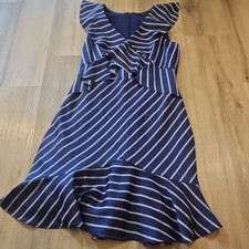 Banana Republic Dress 6 Blue White Striped Fit & Flare V-Neck Ruffle Zip Knee