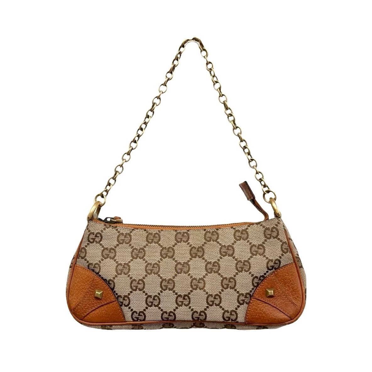 GUCCI Vintage GG Canvas Monogram Chain Shoulder Bag Pouch Beige