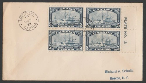 Canada Scott 204 Block of 4 w/Plate No. 1st Day, August 17, 1933