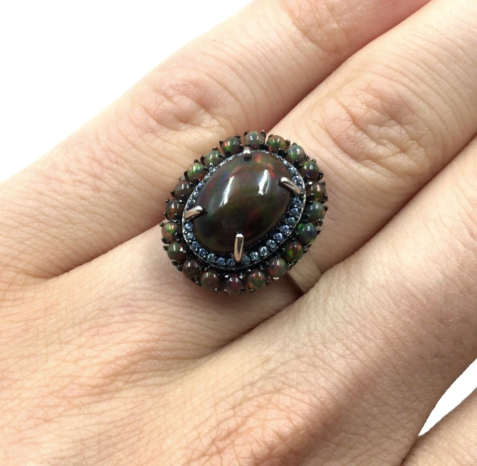 Anello in argento sterling 925 opale nero 5,13 ct opale pieno topazio blu... - Immagine 3 di 4