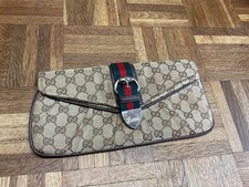 Gucci Vintage GG Supreme Canvas Web Stripe Leather Clutch Bag Made in Italy