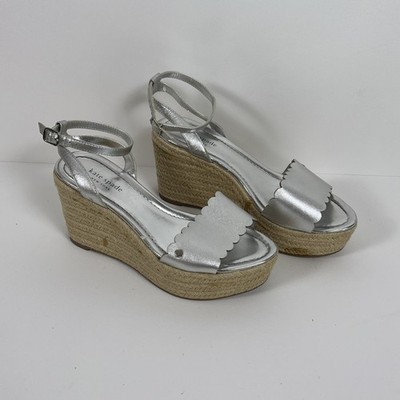 Kate Spade Womens Shoes Taiya Wedge Sandals Sz 8M Silver Leather Espadrille