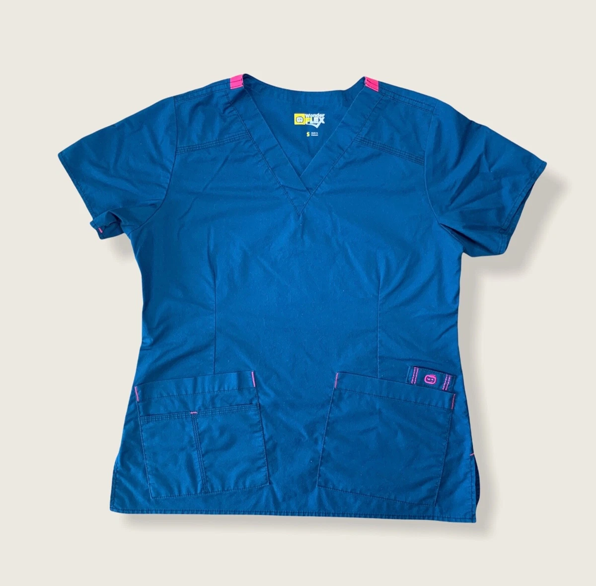 WonderWink Womens Flex Scrub Top Small Blue Teal w Bright Pink