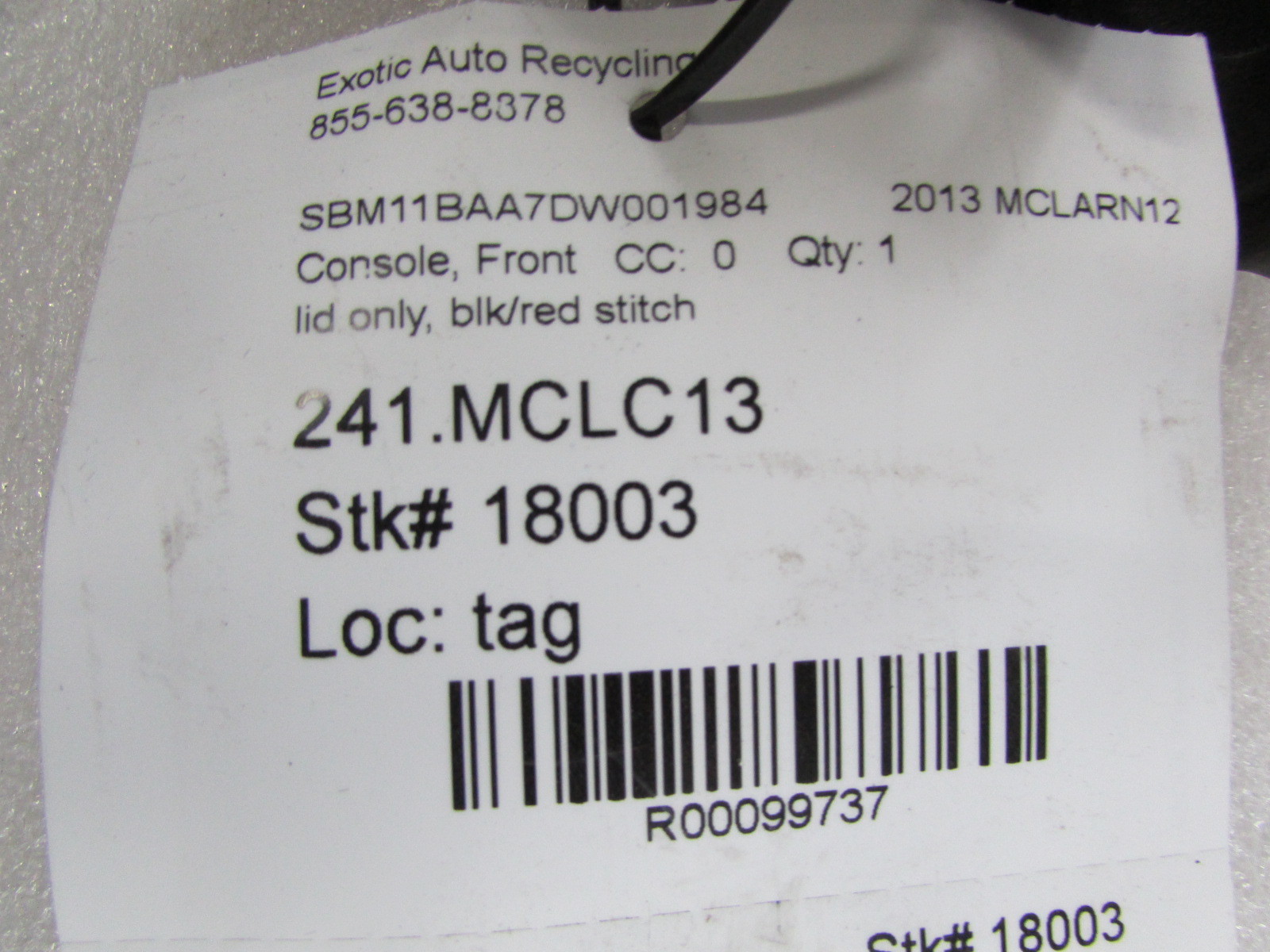 McLaren MP4-12C, Console Front Lid, Black/Red Stitch, Used