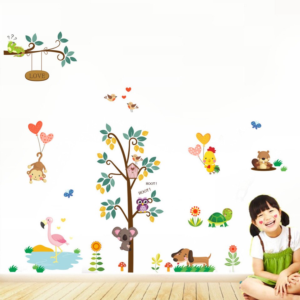 owl animal wall sticker jungle zoo tree nursery baby kids room decal