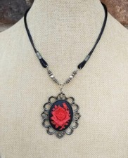 Cord necklace with red Cameo Pendant Flower Red 15 inch Gorgeous