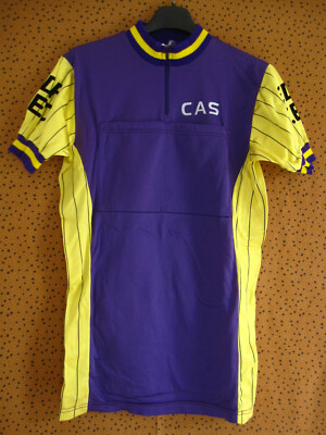 Maillot Cycliste Vintage 80's CAS EDF TEC Violet Et Jaune - Taille M - Tricots Noret