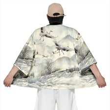 Men Wide Sleeve Kimono Haori Yukata Shirt Cardigan Happi Tops Japanese Robe