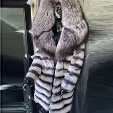 Chinchilla Women's Real Rex Rabbit Fur Long Coats with Real Silver Fox Fur Hood