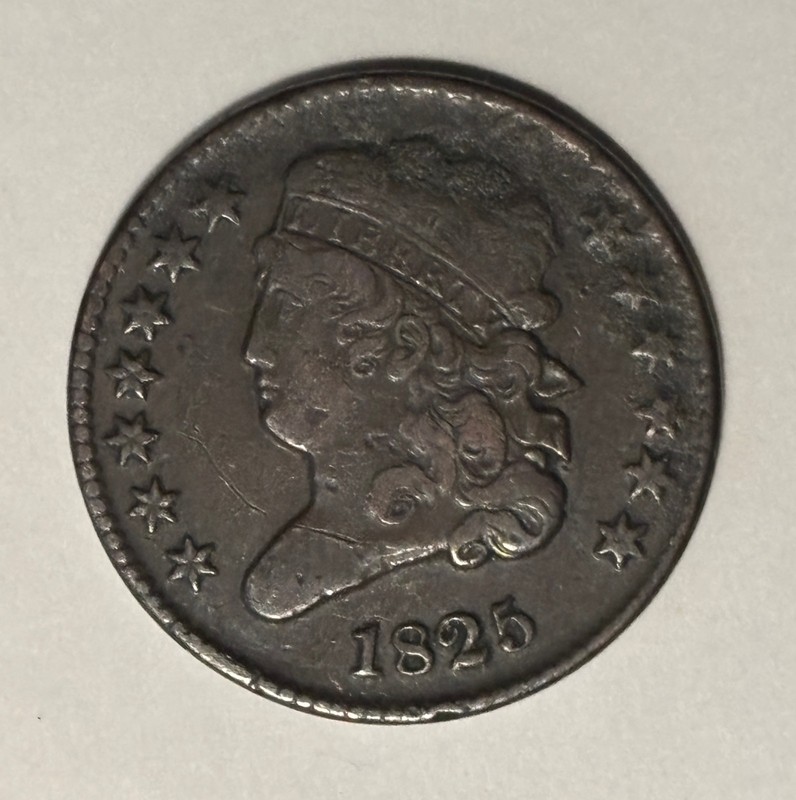 1825 Half Cent, Classic Head, Scarce Early American Copper, NICE VF