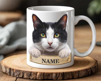 Personalisierte schwarz-weiße Smoking Katze Tasse - individueller Name - Geschenk für Katzenmama 77