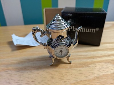 Platinum Miniature Tea Pot Clock  Quartz Silver