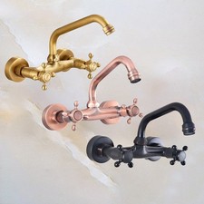 Brass Wall Mount Bathroom Sink Faucet Basin Swivel Spout Dual Handle Tap hwzh053
