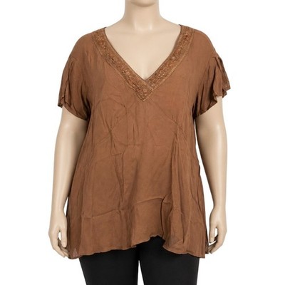 Faded Glory Tunic Top Plus 22W Brown Short Sleeve V Neck Boho Prairie Y2K Folk