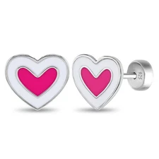 Hearts Baby / Toddler / Kids Earrings Safety Push Back Enamel - Sterling Silver