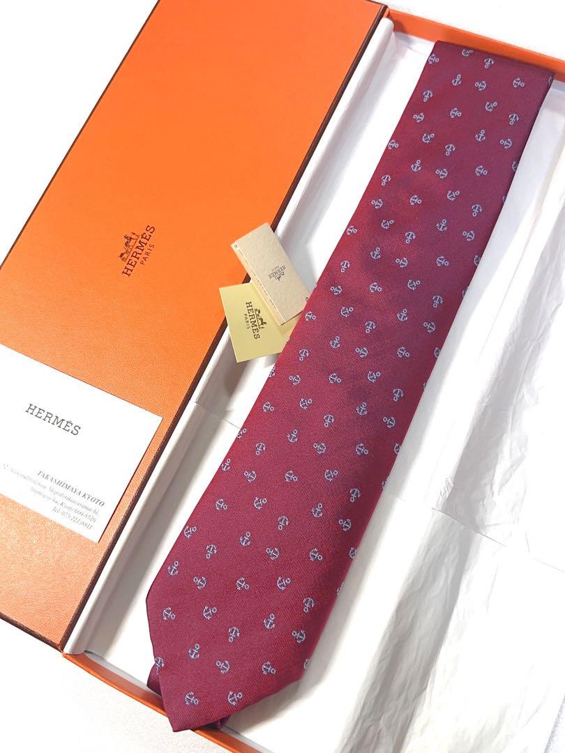 HERMÈS Wine Red Tie Silk Men Anchor Pattern Logo France Box Tags