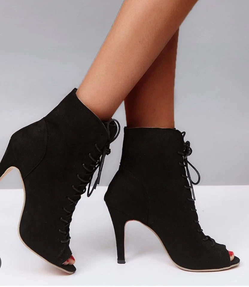 Vince Camuto Fionna bootie lace up Sandal Black Suede Size 9 Cage Heel stiletto - Image 2 of 4