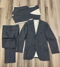 Suitsupply Mens Suit 130s Wool Blue Stripped 3-Piece 34 Short W30X31