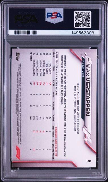 Max Verstappen 2020 TOPPS CHROME F1 #6 PSA 10 GEM MT RC view 2