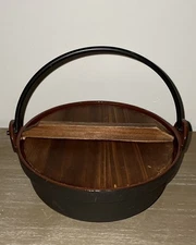 VTG Japanese Oigen Nambu Ironware 7" Cast Iron Bowl Round Nabe Pot Wood Lid