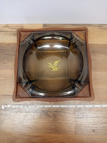 Two Piece Ash Tray With Federal Eagle Glass Tray With Wood Base Americana Vintag