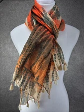 Chico's Rectangular Tasseled Scarf Mixed Media Abstract Artsy Boho Eclectic