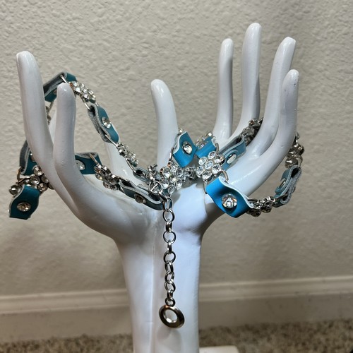 Girl’s Rhinestone Floral Design with Turquoise Leather Tabs Chainlink Belt Small - Picture 6 of 12