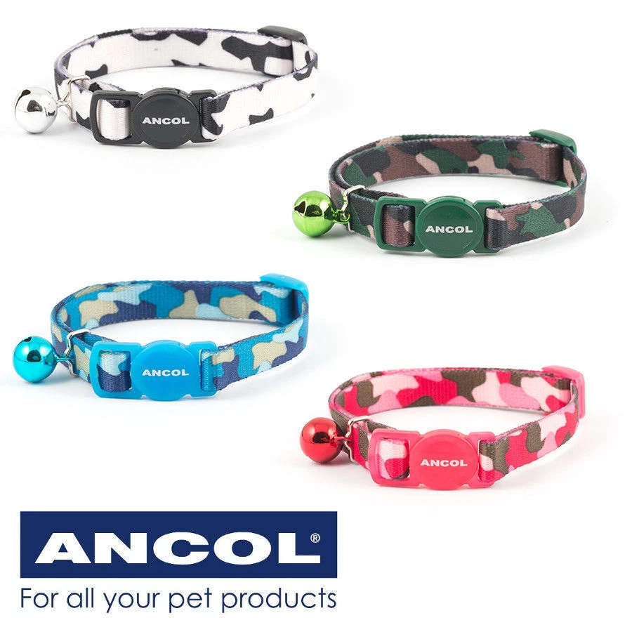 Ancol Camo Camouflage Cat Collar With Safety Buckle & Warning Bell - 4 Colours