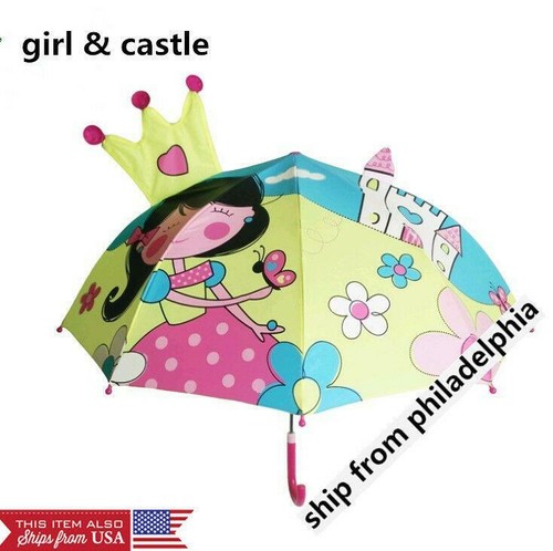 Kids Girls Boy Novelty Cartoon 3D Pop-up Ear Dome Hook Umbrella Rain Brolly Gift - Picture 10 of 25