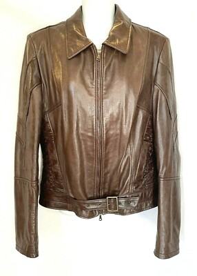 Bata and More Italian Brown Leather Moto Motorcycle Ruched Buckle Jacket EU 50 L