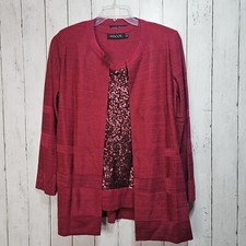 Misook Women's 2 Piece Cranberry Sequin Tank, Long Sleeve Cardigan Size Large