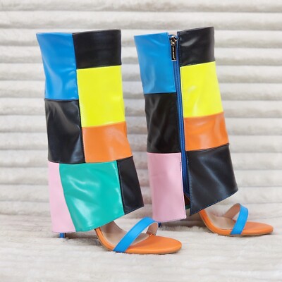 Paris Color Block Stiletto Fold Over Skirted Shootie Boot Sandals