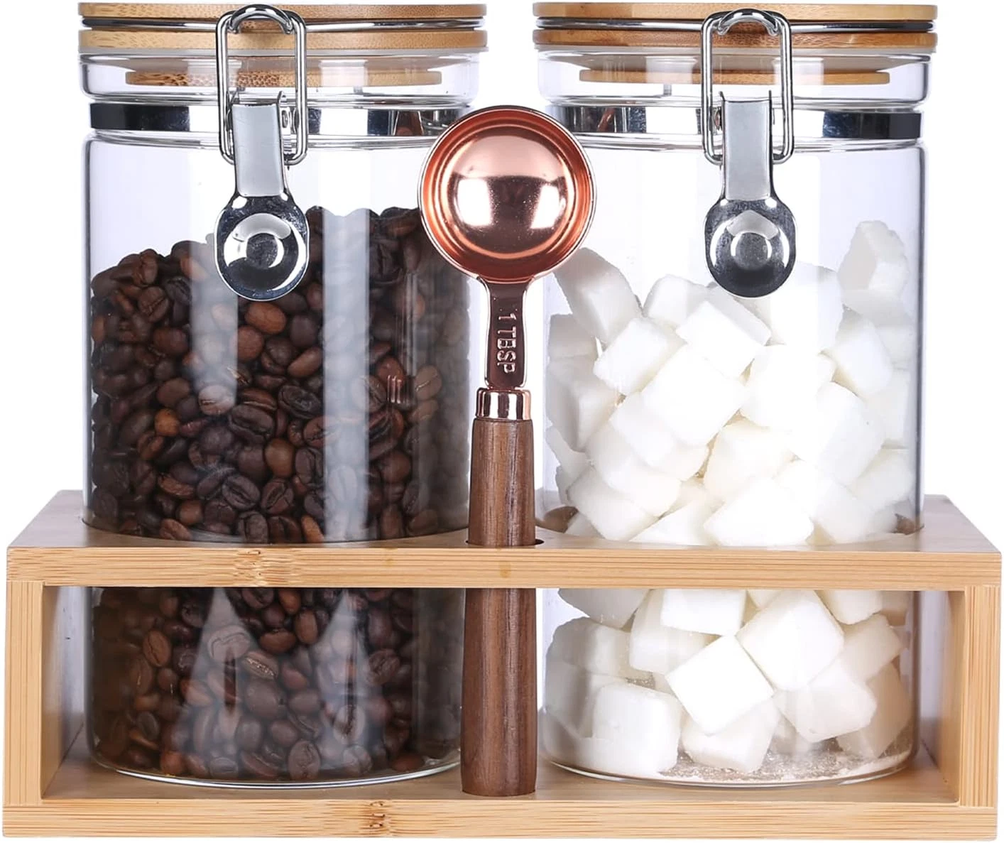 Airtight Glass Storage Jars with Bamboo Lids & Spoon for Coffee & Snacks