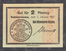 Schwersenz -Stadt-  2 Pf. vom 1.01.1917, gr&uuml;nes Papier