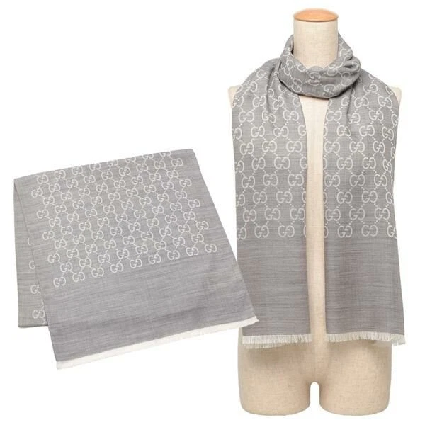 Foulard GUCCI grande taille logo iconique GG tout sur laine soie franges gris NEUF