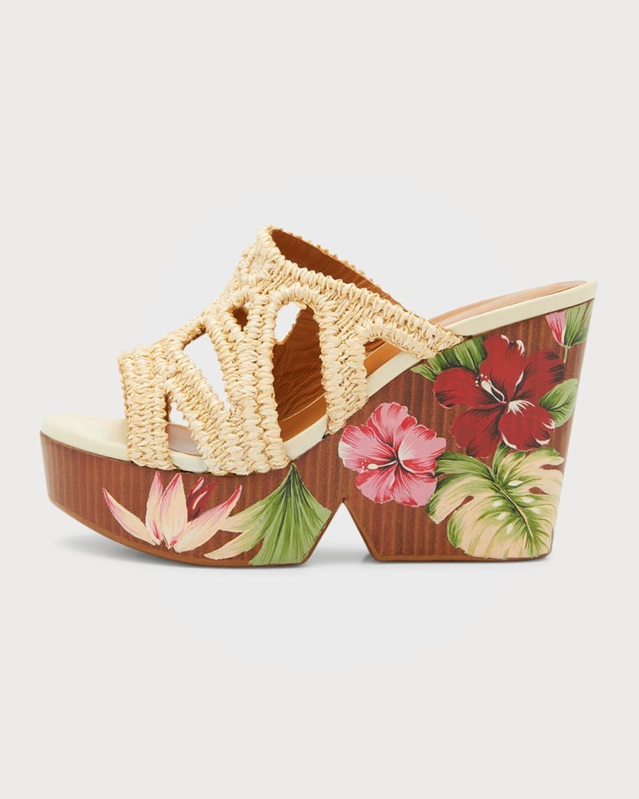 Clergerie Paris Delila Flower-Print Platform Wedge Sandals Natural