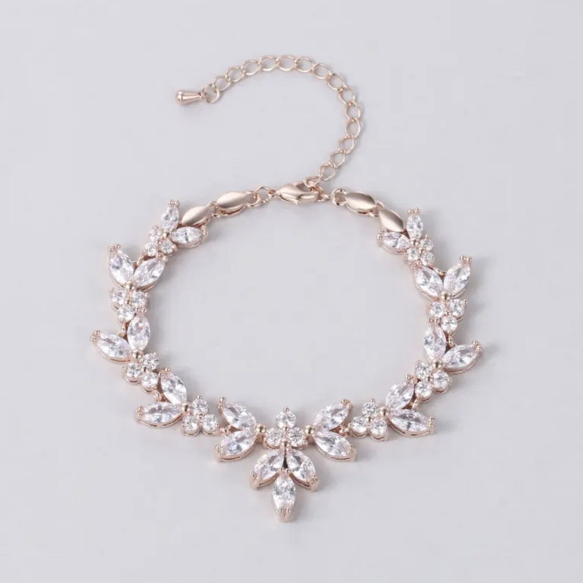 Rose Gold Marquise CZ Leaf Bracelet Bridal Wedding Day Jewelry