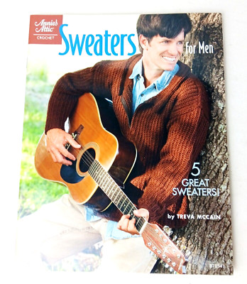 Annies Attic Crochet Pattern Book Men's Sweaters Retro Style 5 Designs