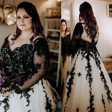 Gothic Black/ White Wedding Dress Long Sleeves Garden Bridal Gown Lace Appliques